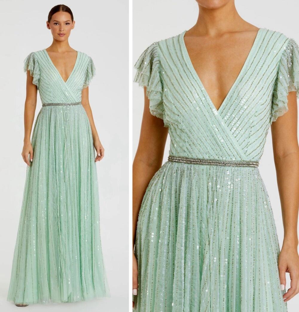 MAC DUGGAL 5502 Green Sequined Wrap Over Gown Size 12 Ruffled Cap Sleeve NWT